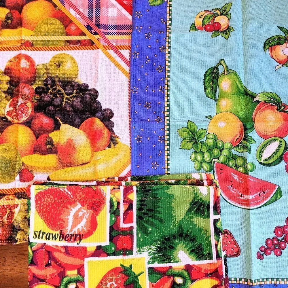 Fruit Theme Kitchen Tea Towel & Pot Holders Set (5pc) 1960s